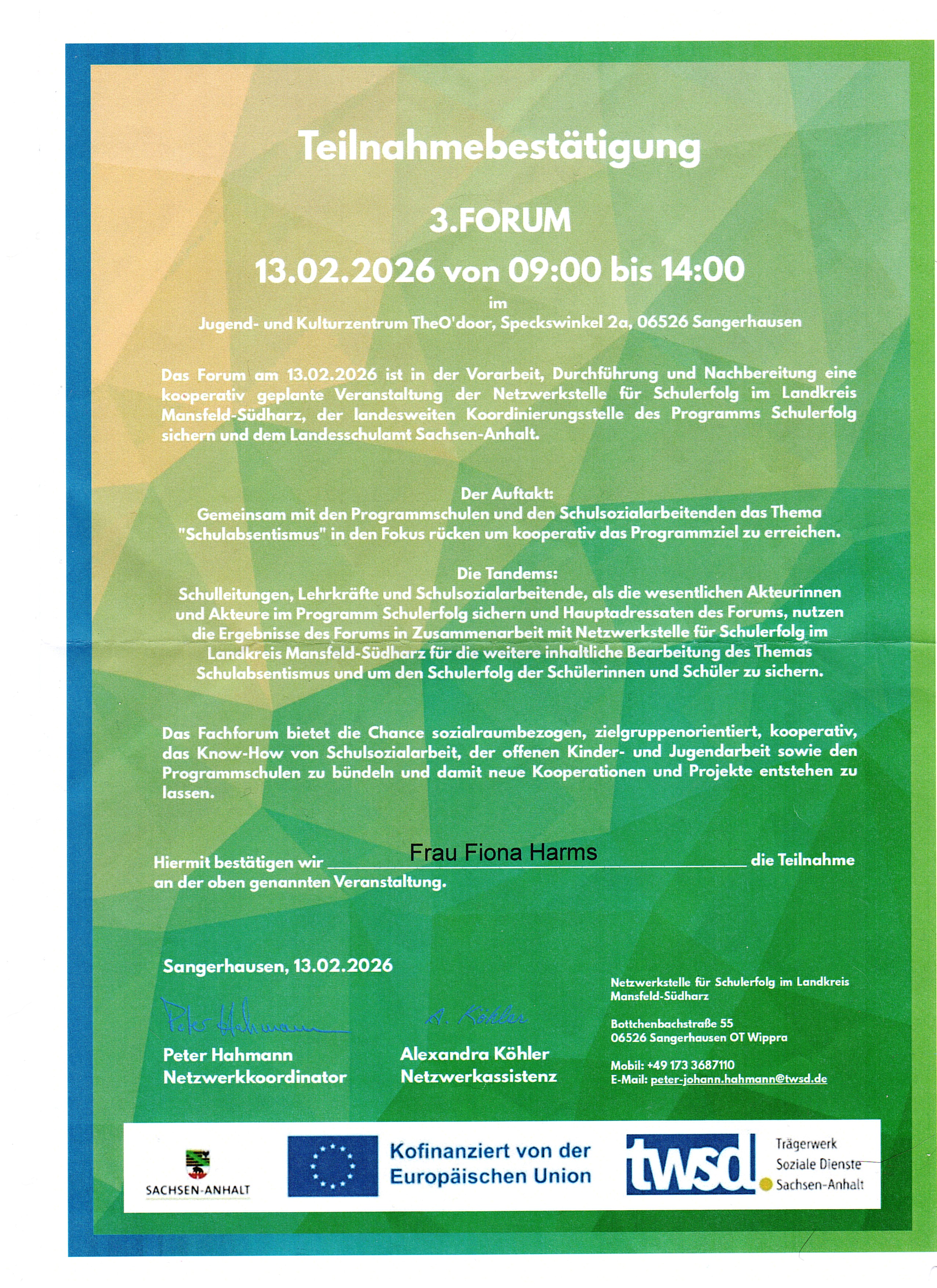 Teilnehmerurkunde TWSD